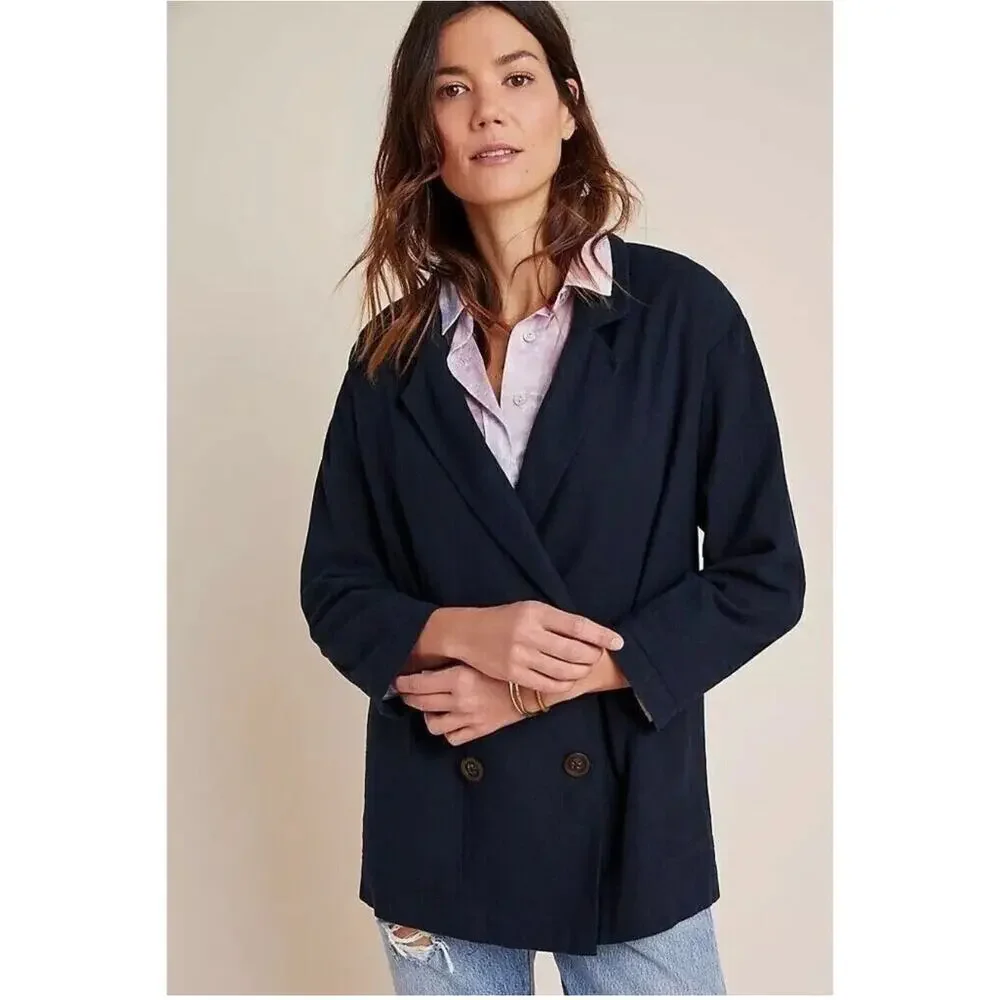 Amadi Anthropologie Blazer Womens Large NWT Navy Kayne Double Breast Linen Blend
